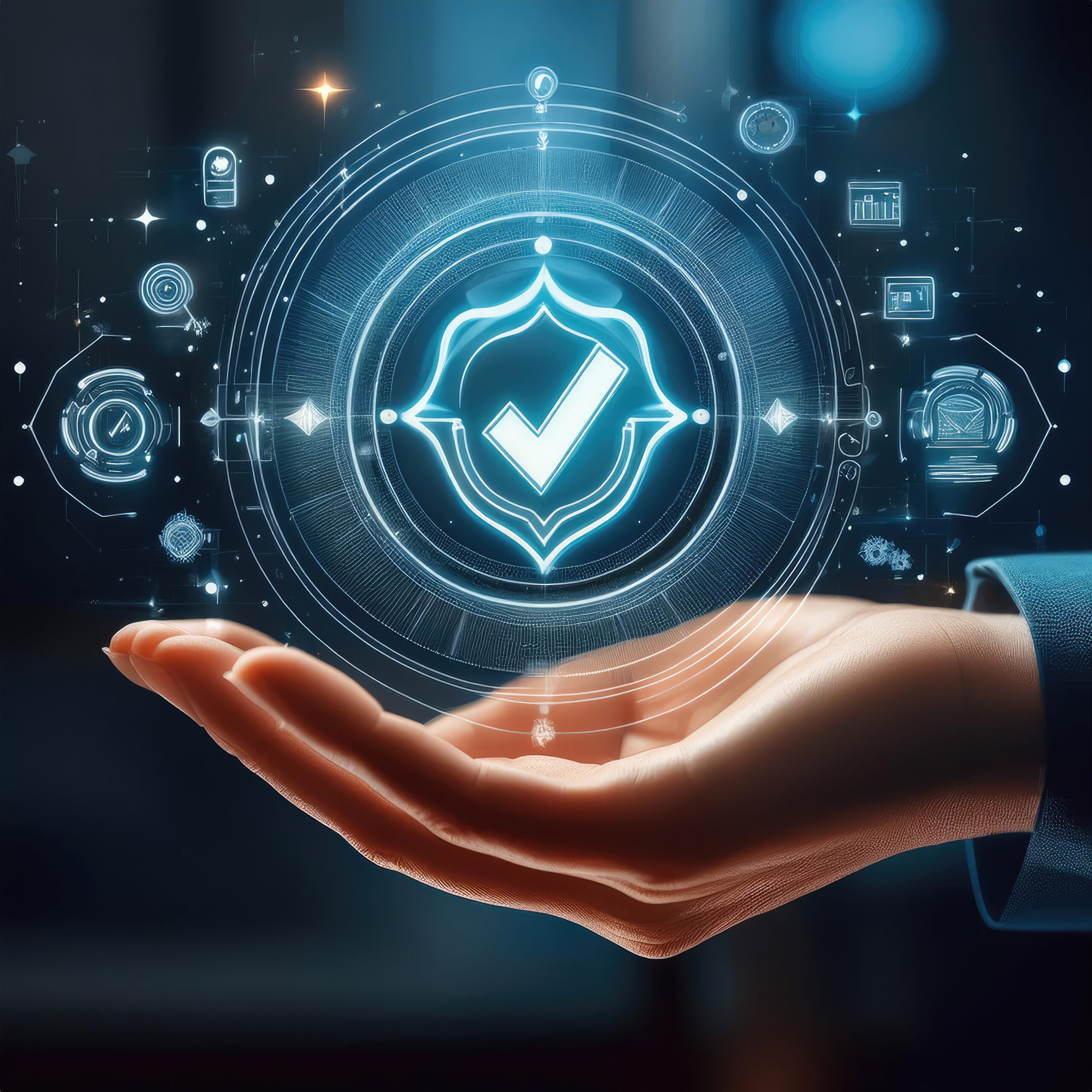 digital checkmark symbolizing success approval displayed open hand signifying technology assurance scaled