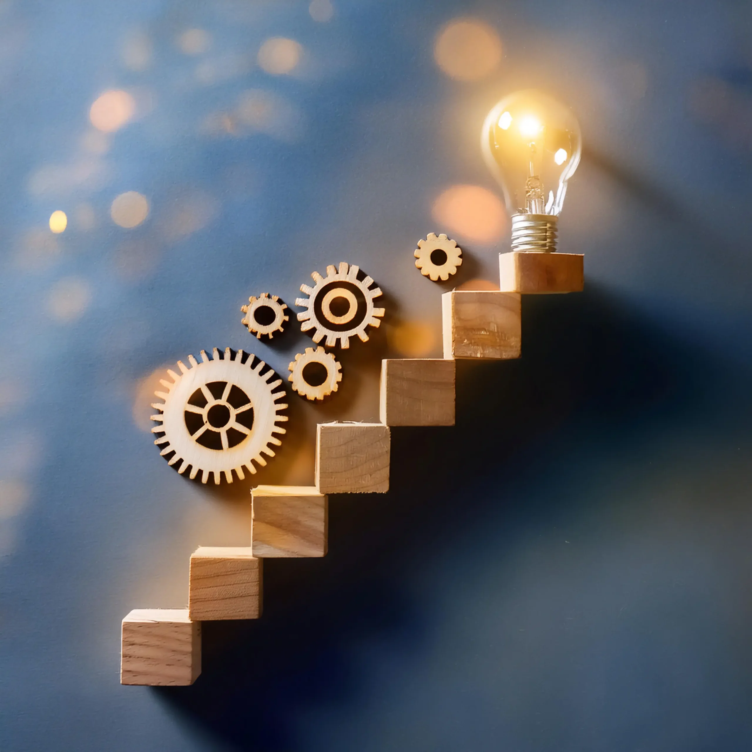 progress development featuring symbols like staircase gears light bulb symbolizing growth innovation continuous improvement scaled