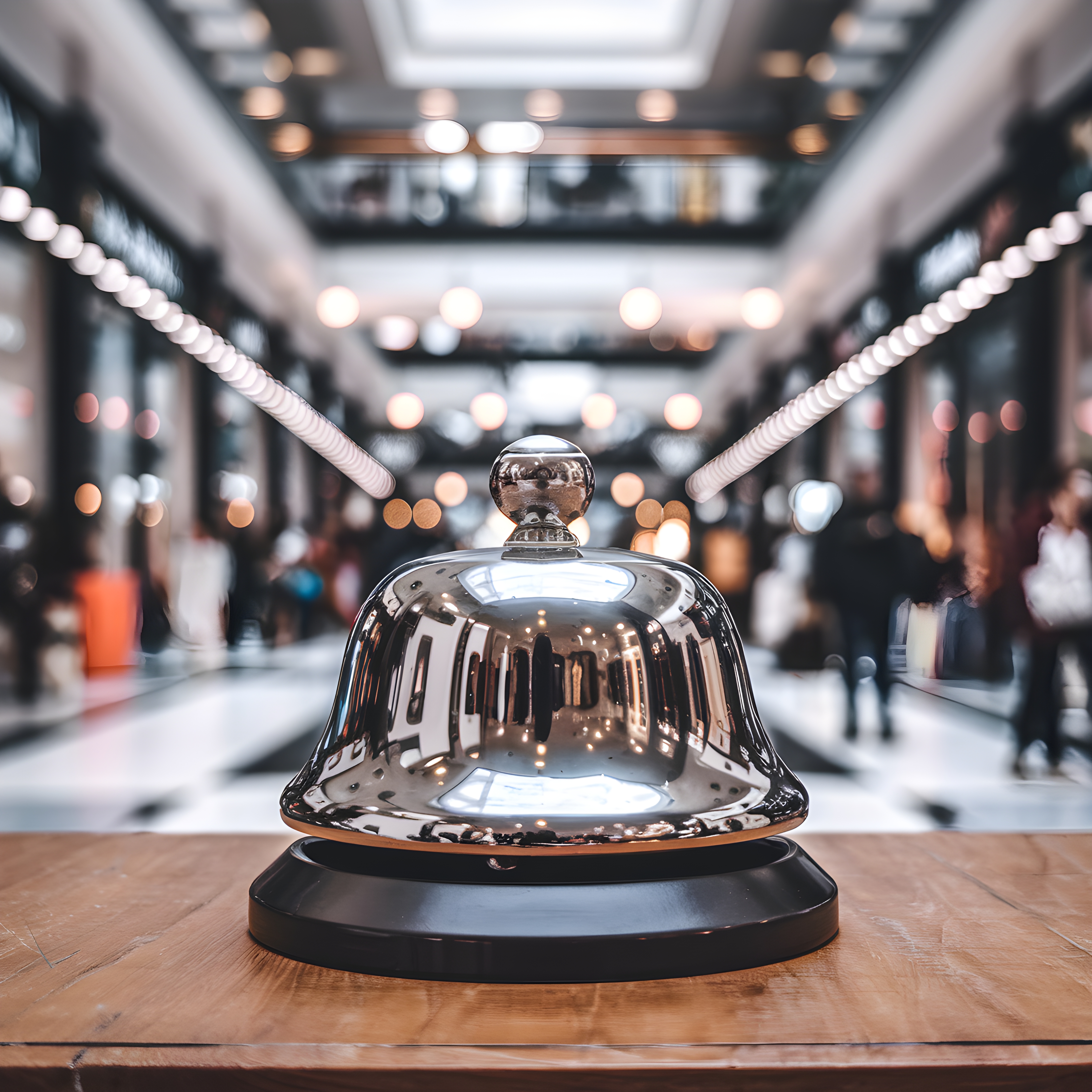 shiny metallic bell wooden surface shopping mall setting blurred lights figures